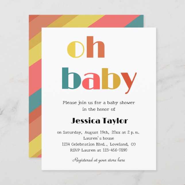 Budget Retro Rainbow Oh Baby shower Invitation (Devant / Derrière)