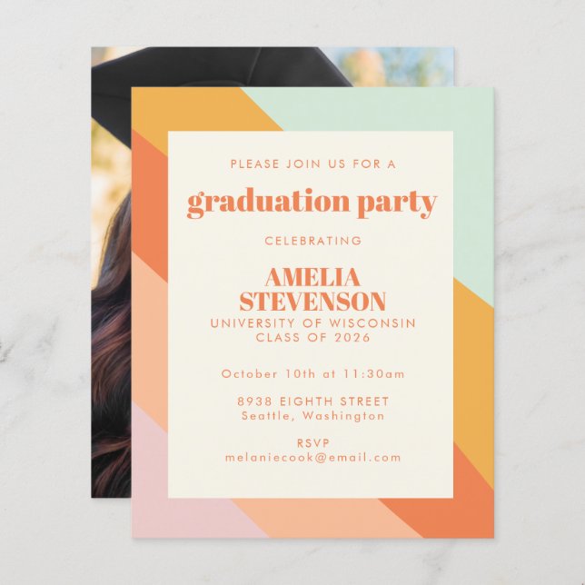 Budget Retro Stripes Photo Grad Party Invitation (Devant / Derrière)