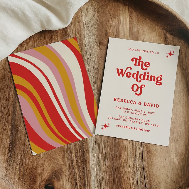 Budget Retro Super les années 70 Ivory Red Wedding (Retro Groovy 70s Cute Ivory Red Pink Wedding Invitation)