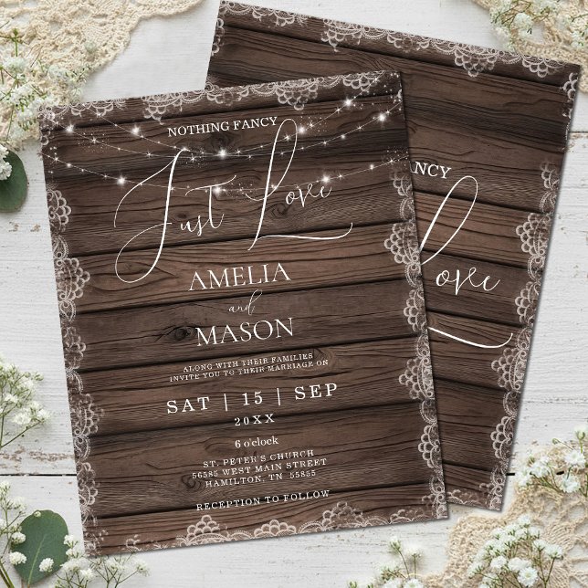 Budget Rien De fantaisie Juste Aimer Mariage rusti (Budget Nothing Fancy Just Love Rustic Wood and Lace with String Lights Wedding Invitation)