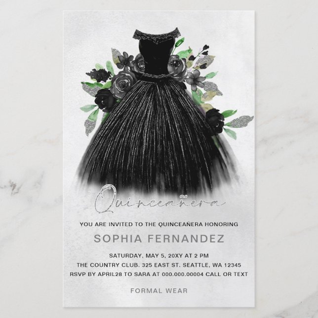 Budget Robe Argent Noir Quinceañera Invitation (Devant)