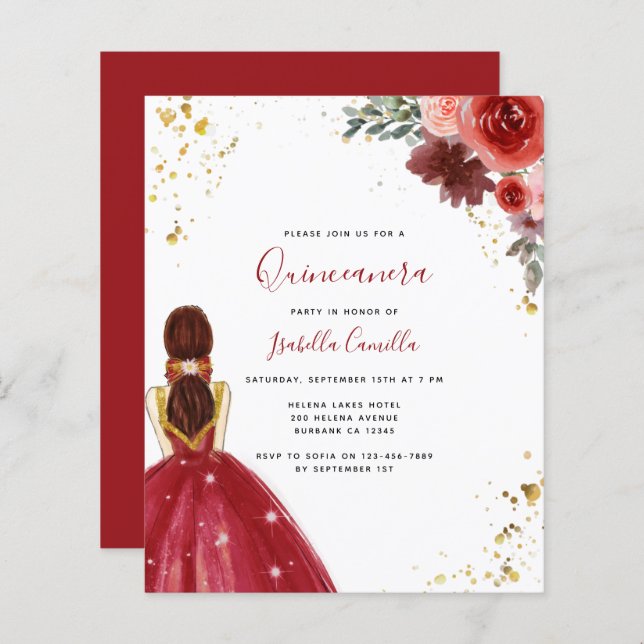 BUDGET Robe Rouge Quinceanera Party Invitation (Devant / Derrière)