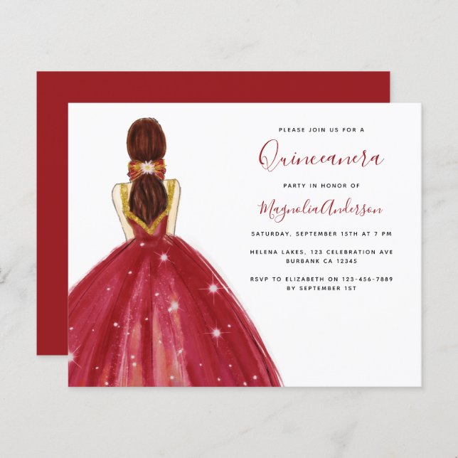 BUDGET Robe Rouge Quinceanera Party Invitation (Devant / Derrière)