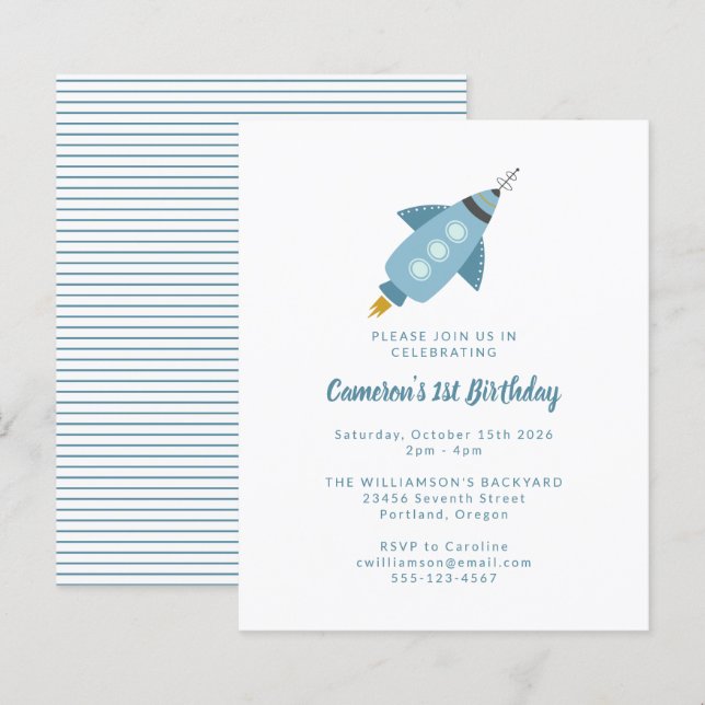 Budget Rocket Ship Blue 1er Anniversaire Invitatio (Devant / Derrière)
