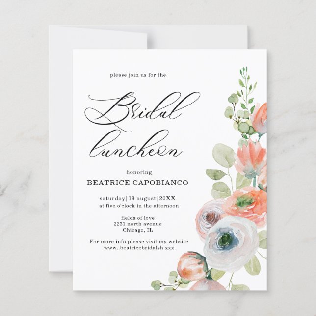 Budget  Romantic Coral Floral Bridal Luncheon Card (Devant)