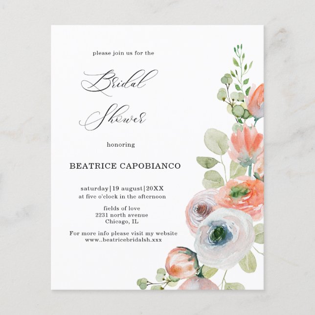 Budget  Romantic Coral Floral Bridal Shower Card (Devant)