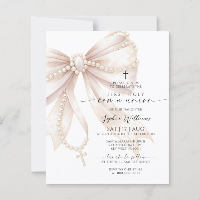 Budget Rosary Bow First Holy Communion Invitation (Devant)