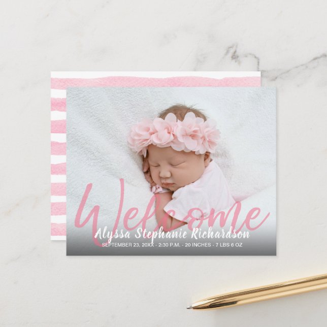 Budget Rose Bienvenue 1 Photo Faire-part bébé (Devant/Arrière en situation)
