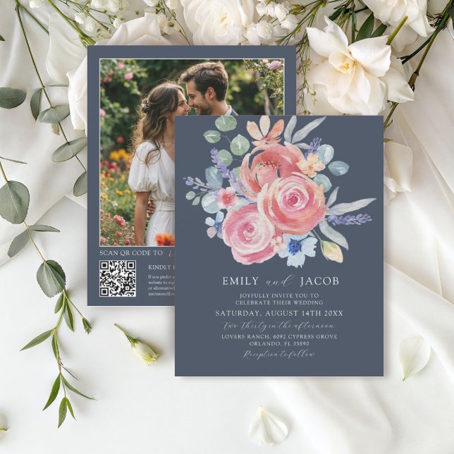 Budget Rose bleu foncé Floral Aquarelle Mariage (Créateur téléchargé)