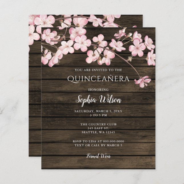 Budget Rose cerise fleurs Quinceañera Invitation (Devant / Derrière)