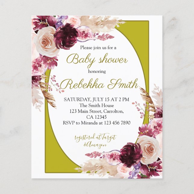 Budget Rose et Bourgogne Baby shower Invitation (Devant)
