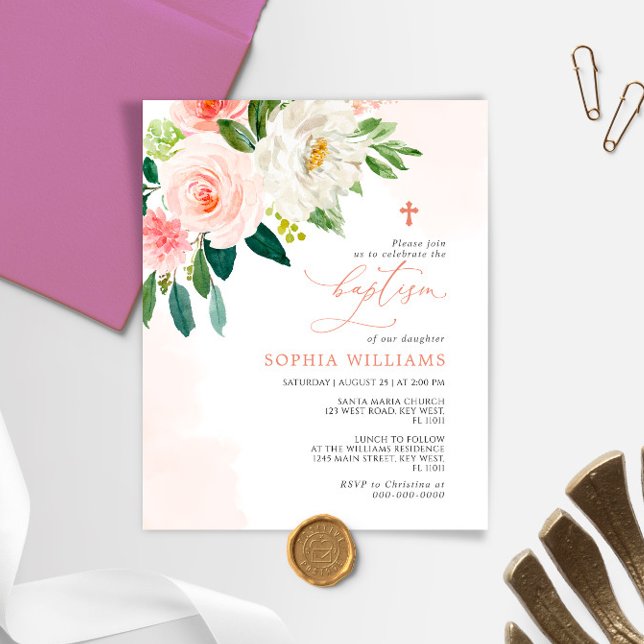 Budget Rose Fleurs Baptême Invitation (Créateur téléchargé)