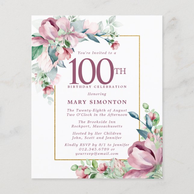 Budget rose floral 100e anniversaire Invitation (Devant)