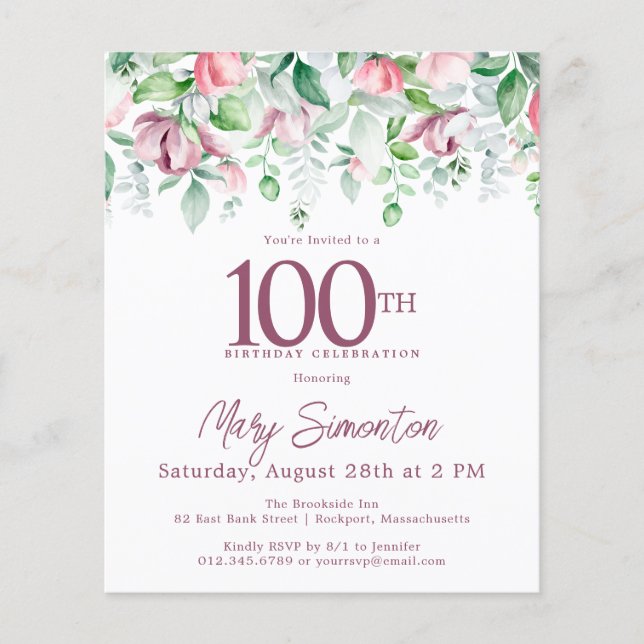 Budget rose floral 100e anniversaire Invitation (Devant)
