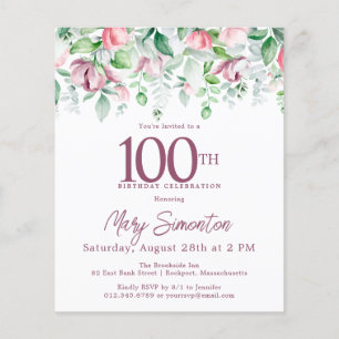 Budget rose floral 100e anniversaire Invitation