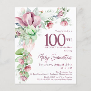 Budget rose floral 100e anniversaire Invitation