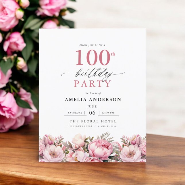 Budget rose floral 100e anniversaire Invitation (Créateur téléchargé)