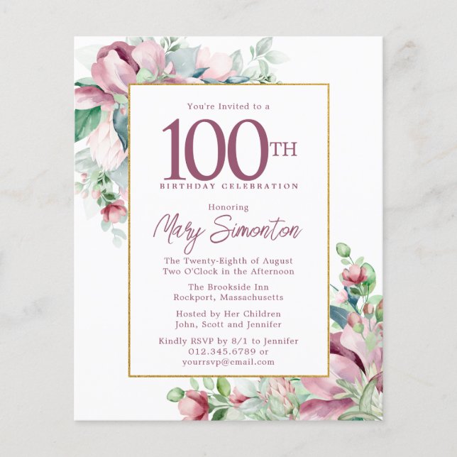 Budget rose floral 100e anniversaire Invitation (Devant)