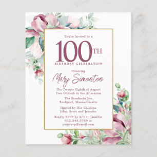 Budget rose floral 100e anniversaire Invitation