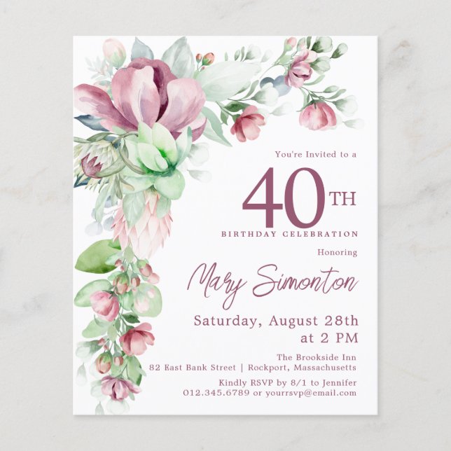 Budget rose floral 40e anniversaire Invitation (Devant)