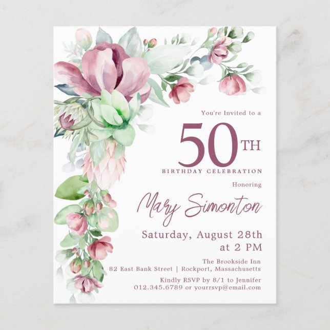 Budget rose floral 50e anniversaire Invitation (Devant)