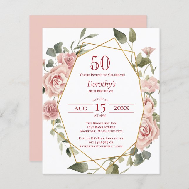 Budget rose floral 50e anniversaire Invitation (Devant / Derrière)