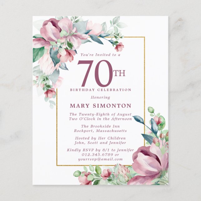Budget rose floral 70e anniversaire Invitation (Devant)