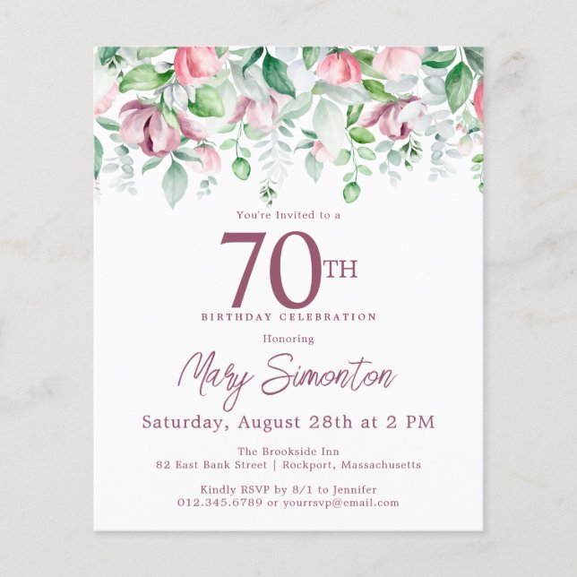 Budget rose floral 70e anniversaire Invitation (Devant)