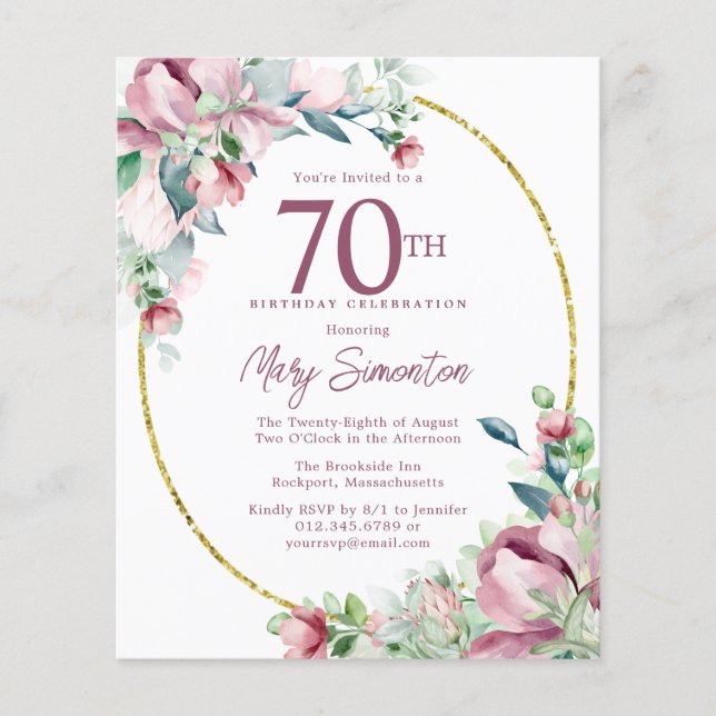 Budget rose floral 70e anniversaire Invitation (Devant)