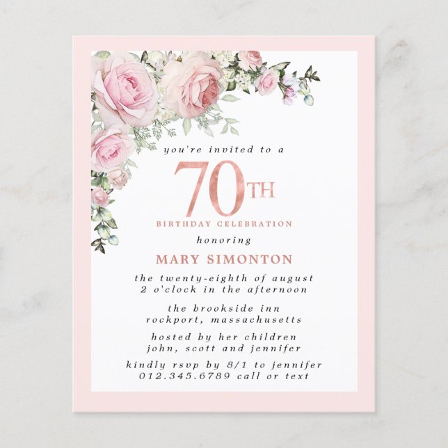 Budget rose floral 70e anniversaire Invitation (Devant)