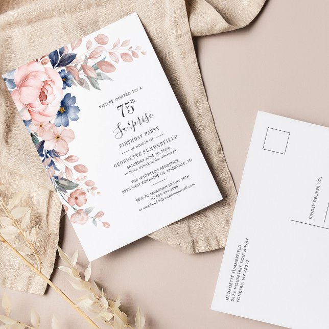 Budget Rose Floral 75e anniversaire Invitation (Pink Floral Watercolor 75th Birthday Party Invitation Postcard)