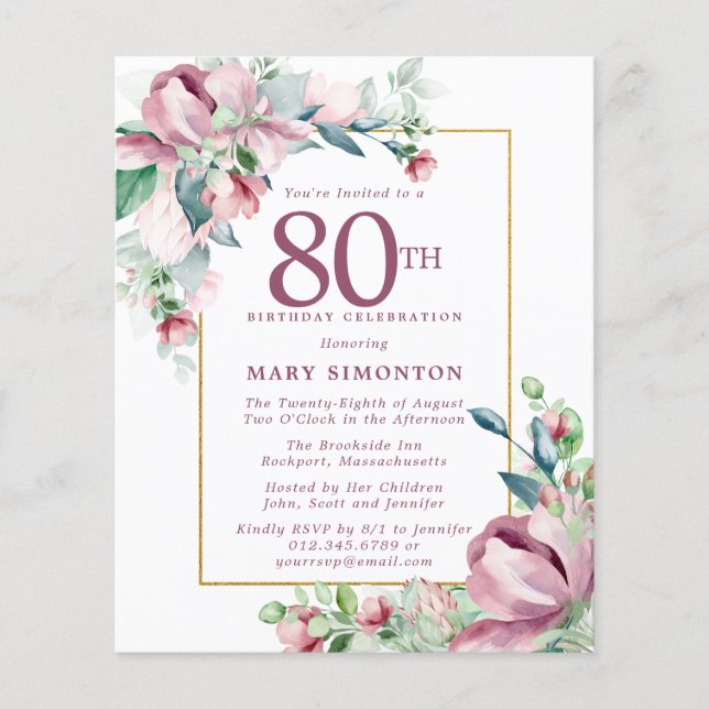 Budget rose floral 80e anniversaire Invitation (Devant)