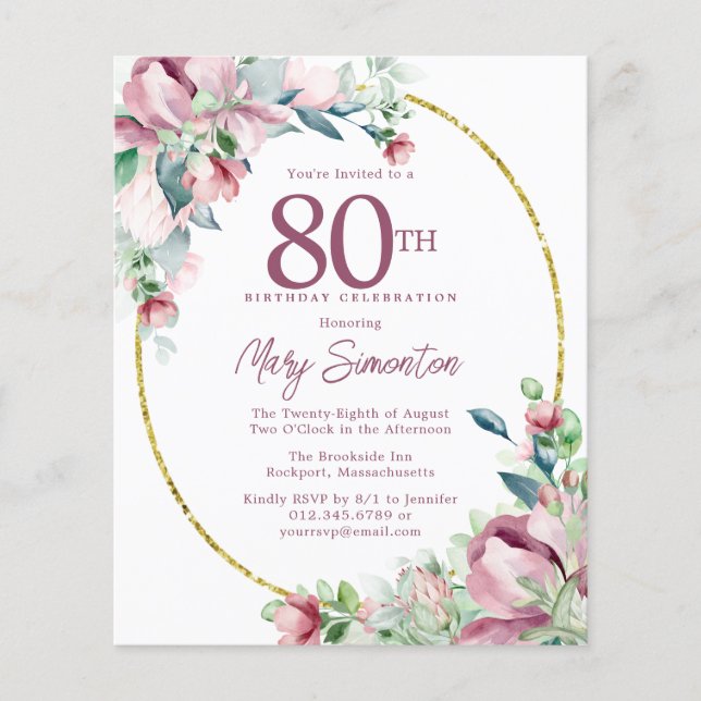 Budget rose floral 80e anniversaire Invitation (Devant)