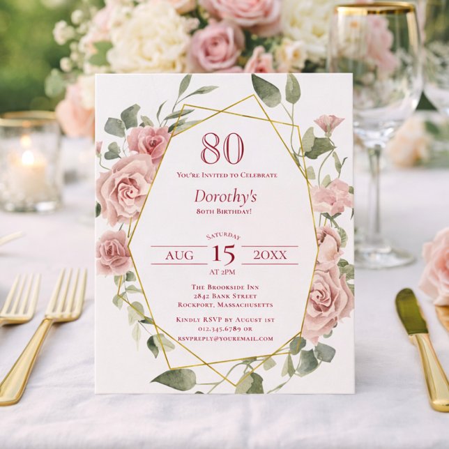 Budget rose floral 80e anniversaire Invitation (Créateur téléchargé)