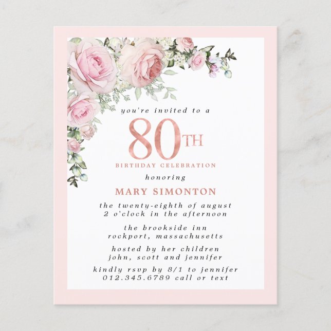 Budget rose floral 80e anniversaire Invitation (Devant)