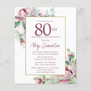 Budget rose floral 80e anniversaire Invitation