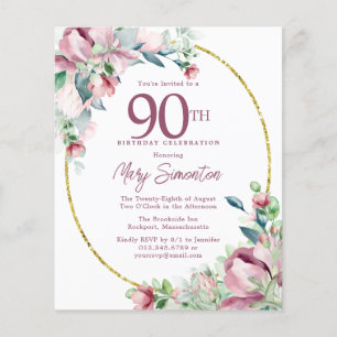 Budget rose floral 90e anniversaire Invitation