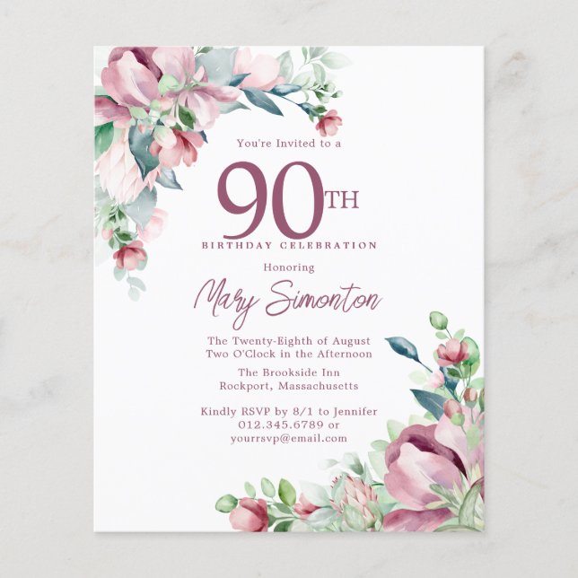 Budget rose floral 90e anniversaire Invitation (Devant)