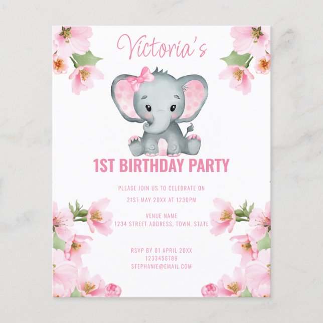 Budget Rose Floral Elephant 1er anniversaire Invit (Devant)
