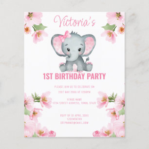 Budget Rose Floral Elephant 1er anniversaire Invit