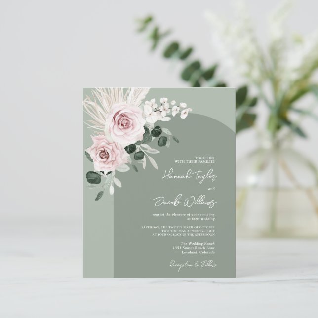 Budget Rose Floral Eucalyptus Sage Mariage Invitat (Debout devant)