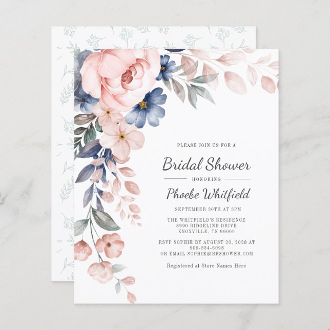 Budget Rose Floral moderne nuptiale Invitation (Devant / Derrière)