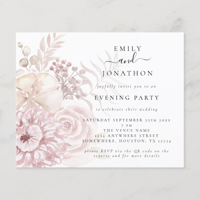 Budget Rose Floral QR Mariage Invitation de soirée (Devant)
