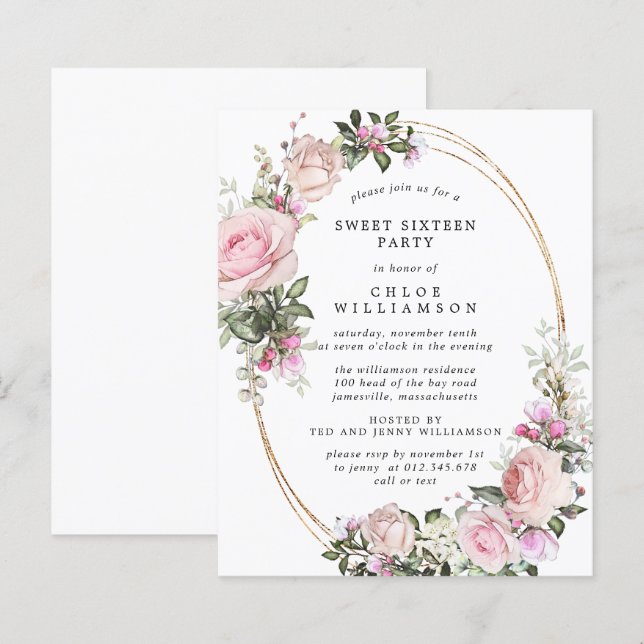 Budget Rose Floral Sweet 16 Party Invitation (Devant / Derrière)
