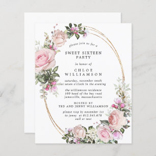 Budget Rose Floral Sweet 16 Party Invitation