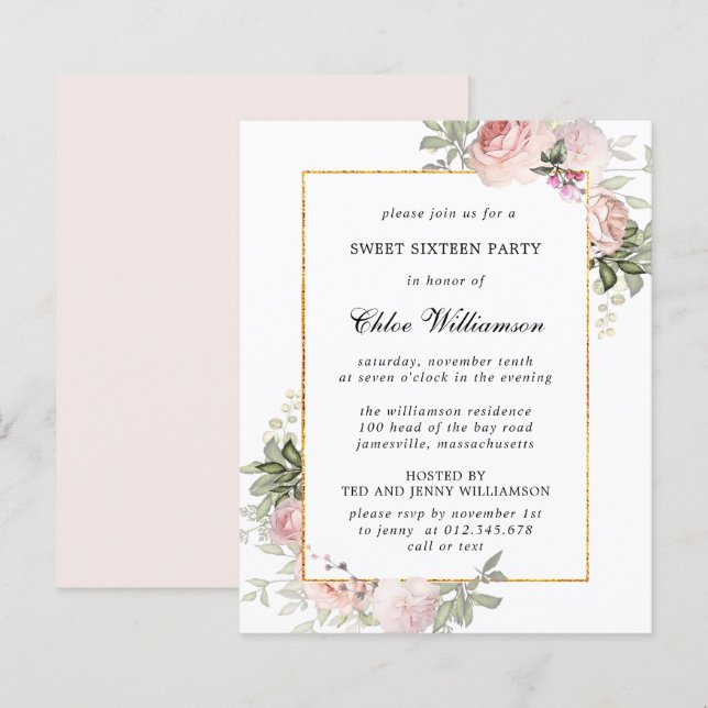 Budget Rose Floral Sweet 16 Party Invitation (Devant / Derrière)