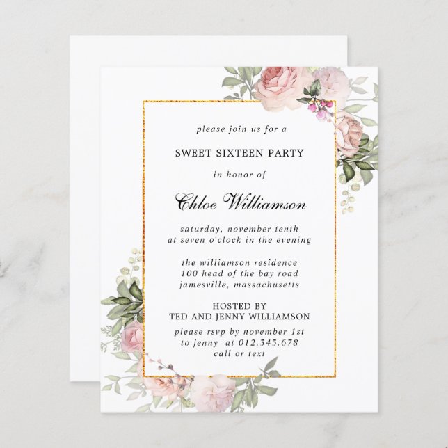Budget Rose Floral Sweet 16 Party Invitation (Devant / Derrière)