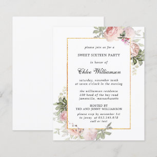 Budget Rose Floral Sweet 16 Party Invitation
