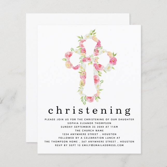 Budget Rose Florals Cross Christening Invitation (Devant / Derrière)