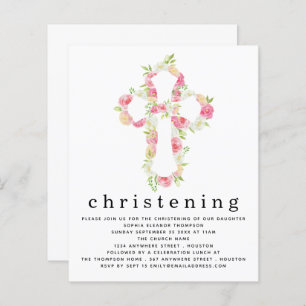 Budget Rose Florals Cross Christening Invitation